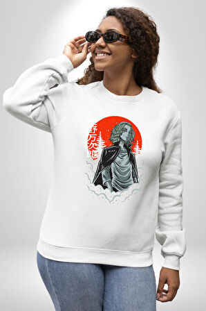 Tokyo Revengers Mikey Red Moon Kadın Erkek Beyaz Sweatshirt 