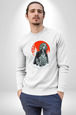 Tokyo Revengers Mikey Red Moon Kadın Erkek Beyaz Sweatshirt 