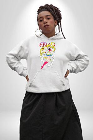 Sailor Moon Anime Usagi Tsukino Kadın Erkek  Beyaz Kapüşonlu Sweatshirt Hoodie