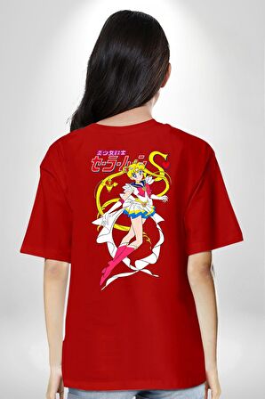 Sailor Moon Anime Usagi Tsukino Kırmızı Oversize Kadın Erkek Ön ve Sırt Baskılı Tişört