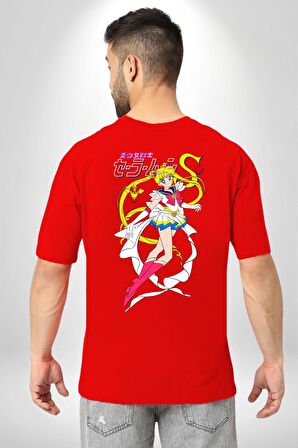 Sailor Moon Anime Usagi Tsukino Kırmızı Oversize Kadın Erkek Ön ve Sırt Baskılı Tişört