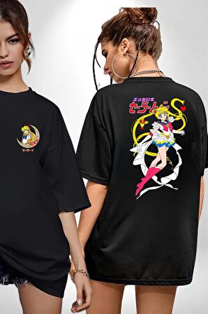 Sailor Moon Anime Usagi Tsukino Siyah Oversize Kadın Erkek Ön ve Sırt Baskılı Tişört