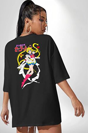 Sailor Moon Anime Usagi Tsukino Siyah Oversize Kadın Erkek Ön ve Sırt Baskılı Tişört