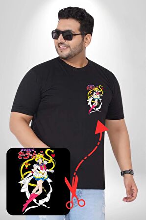 Sailor Moon Anime Usagi Tsukino Siyah Büyük Beden Kadın Basic Minimal Baskılı Tişört