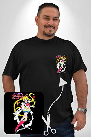 Sailor Moon Anime Usagi Tsukino Siyah Büyük Beden Kadın Basic Minimal Baskılı Tişört