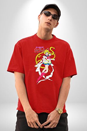 Sailor Moon Anime Usagi Tsukino Pamuklu Bisiklet Yaka Kadın Erkek Oversize Boyfriend Dijital Baskılı Kırmızı T-shirt