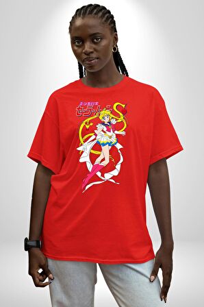 Sailor Moon Anime Usagi Tsukino Pamuklu Bisiklet Yaka Kadın Erkek Oversize Boyfriend Dijital Baskılı Kırmızı T-shirt
