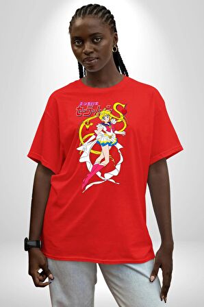 Sailor Moon Anime Usagi Tsukino Pamuklu Bisiklet Yaka Kadın Erkek Oversize Boyfriend Dijital Baskılı Kırmızı T-shirt