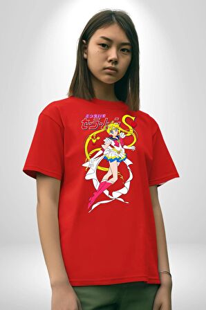 Sailor Moon Anime Usagi Tsukino Pamuklu Bisiklet Yaka Kadın Erkek Oversize Boyfriend Dijital Baskılı Kırmızı T-shirt