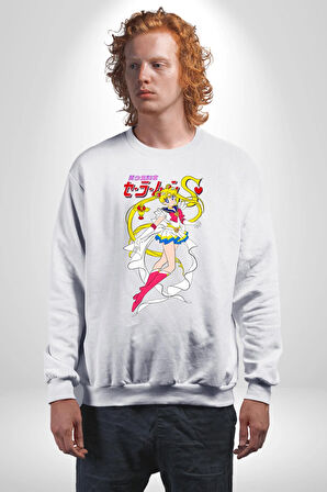 Sailor Moon Anime Usagi Tsukino Kadın Erkek Beyaz Sweatshirt 