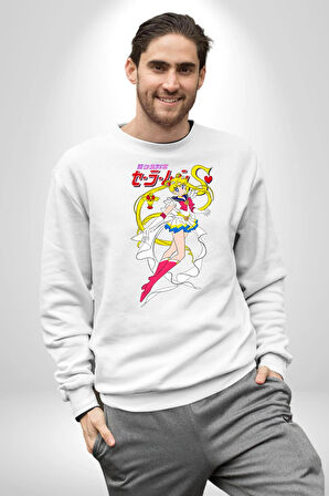 Sailor Moon Anime Usagi Tsukino Kadın Erkek Beyaz Sweatshirt 