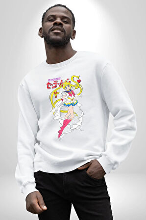 Sailor Moon Anime Usagi Tsukino Kadın Erkek Beyaz Sweatshirt 