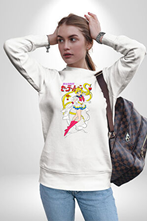 Sailor Moon Anime Usagi Tsukino Kadın Erkek Beyaz Sweatshirt 