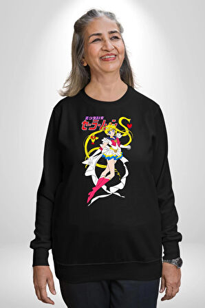 Sailor Moon Anime Usagi Tsukino Kadın Erkek Siyah Sweatshirt 