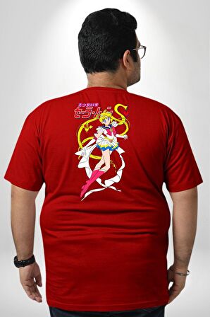 Sailor Moon Anime Usagi Tsukino Büyük Beden Kırmızı Tişört Kadın Erkek Ünisex Sırt Baskılı