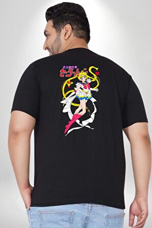 Sailor Moon Anime Usagi Tsukino Büyük Beden Siyah Tişört Kadın Erkek Ünisex Sırt Baskılı