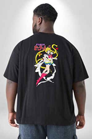 Sailor Moon Anime Usagi Tsukino Büyük Beden Siyah Tişört Kadın Erkek Ünisex Sırt Baskılı