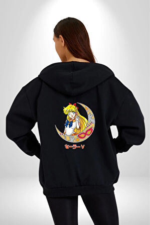 Sailor Moon Ay Savaşcısı Anime Kadın Erkek Siyah Kapüşonlu Fermuarlı Baskılı Hırka Sweatshirt
