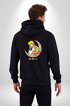Sailor Moon Ay Savaşcısı Anime Kadın Erkek Siyah Kapüşonlu Fermuarlı Baskılı Hırka Sweatshirt