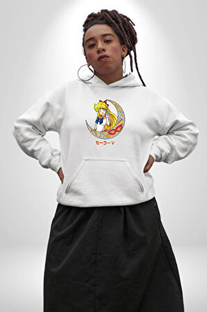 Sailor Moon Ay Savaşcısı Anime Kadın Erkek  Beyaz Kapüşonlu Sweatshirt Hoodie