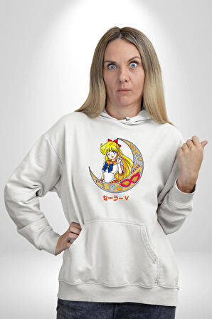 Sailor Moon Ay Savaşcısı Anime Kadın Erkek  Beyaz Kapüşonlu Sweatshirt Hoodie