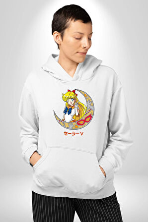 Sailor Moon Ay Savaşcısı Anime Kadın Erkek  Beyaz Kapüşonlu Sweatshirt Hoodie