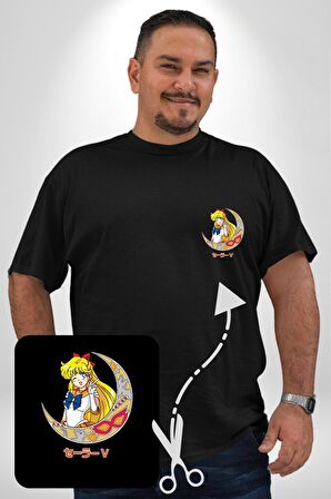 Sailor Moon Ay Savaşcısı Anime Siyah Büyük Beden Kadın Basic Minimal Baskılı Tişört