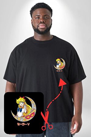 Sailor Moon Ay Savaşcısı Anime Siyah Büyük Beden Kadın Basic Minimal Baskılı Tişört