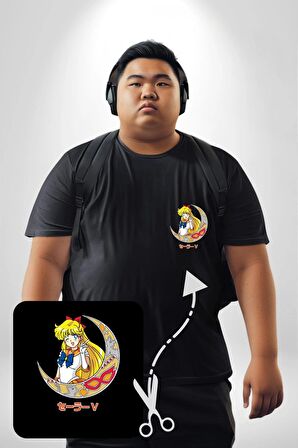 Sailor Moon Ay Savaşcısı Anime Siyah Büyük Beden Kadın Basic Minimal Baskılı Tişört