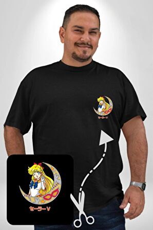 Sailor Moon Ay Savaşcısı Anime Siyah Büyük Beden Kadın Basic Minimal Baskılı Tişört