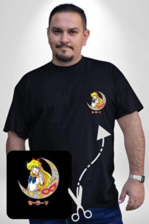 Sailor Moon Ay Savaşcısı Anime Siyah Büyük Beden Kadın Basic Minimal Baskılı Tişört