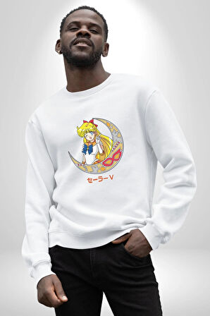 Sailor Moon Ay Savaşcısı Anime Kadın Erkek Beyaz Sweatshirt 