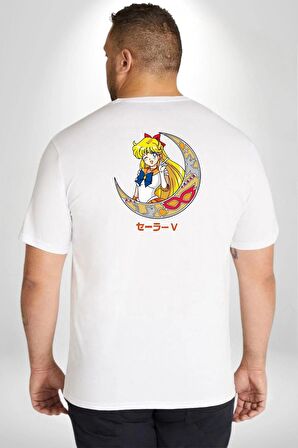 Sailor Moon Ay Savaşcısı Anime Büyük Beden Beyaz Tişört Kadın Erkek Ünisex Sırt Baskılı