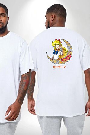 Sailor Moon Ay Savaşcısı Anime Büyük Beden Beyaz Tişört Kadın Erkek Ünisex Sırt Baskılı
