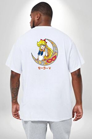 Sailor Moon Ay Savaşcısı Anime Büyük Beden Beyaz Tişört Kadın Erkek Ünisex Sırt Baskılı