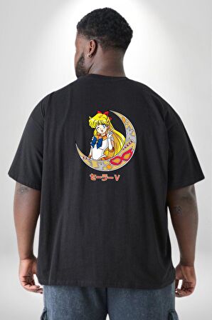 Sailor Moon Ay Savaşcısı Anime Büyük Beden Siyah Tişört Kadın Erkek Ünisex Sırt Baskılı