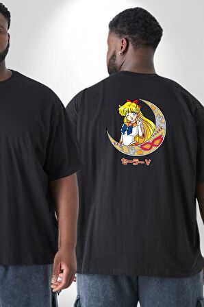 Sailor Moon Ay Savaşcısı Anime Büyük Beden Siyah Tişört Kadın Erkek Ünisex Sırt Baskılı