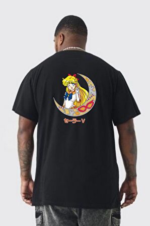 Sailor Moon Ay Savaşcısı Anime Büyük Beden Siyah Tişört Kadın Erkek Ünisex Sırt Baskılı