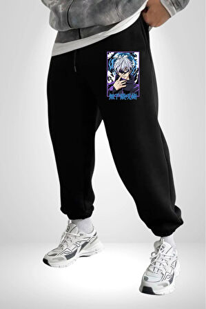 Jujutsu Vintage Washed - Megumi Gojo Anime Manga 3 İplik Erkek Baskılı Siyah Eşofman Altı