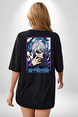 Jujutsu Vintage Washed - Megumi Gojo Anime Manga Siyah Oversize Kadın Erkek Ön ve Sırt Baskılı Tişört