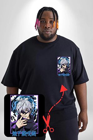 Jujutsu Vintage Washed - Megumi Gojo Anime Manga Siyah Büyük Beden Kadın Basic Minimal Baskılı Tişört