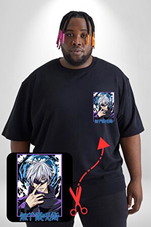 Jujutsu Vintage Washed - Megumi Gojo Anime Manga Siyah Büyük Beden Kadın Basic Minimal Baskılı Tişört