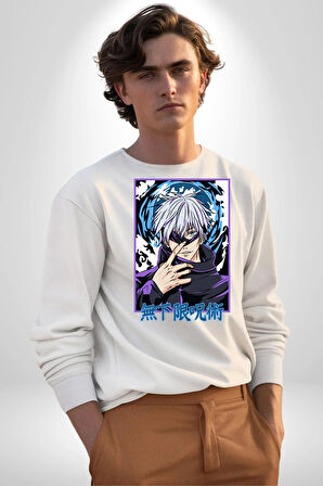 Jujutsu Vintage Washed - Megumi Gojo Anime Manga Kadın Erkek Beyaz Sweatshirt 