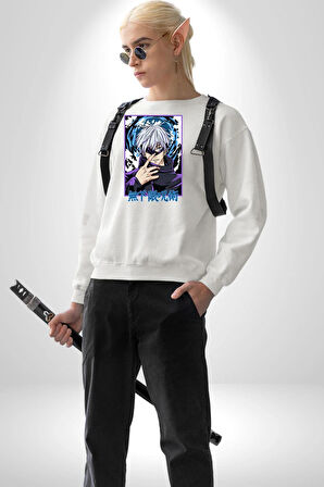 Jujutsu Vintage Washed - Megumi Gojo Anime Manga Kadın Erkek Beyaz Sweatshirt 