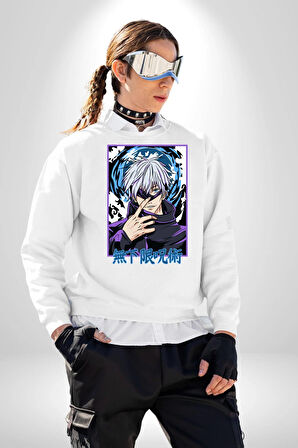 Jujutsu Vintage Washed - Megumi Gojo Anime Manga Kadın Erkek Beyaz Sweatshirt 