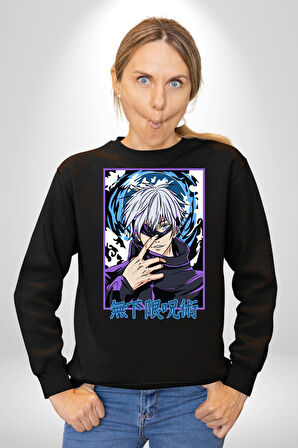 Jujutsu Vintage Washed - Megumi Gojo Anime Manga Kadın Erkek Siyah Sweatshirt 