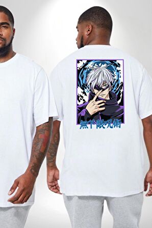 Jujutsu Vintage Washed - Megumi Gojo Anime Manga Büyük Beden Beyaz Tişört Kadın Erkek Ünisex Sırt Baskılı