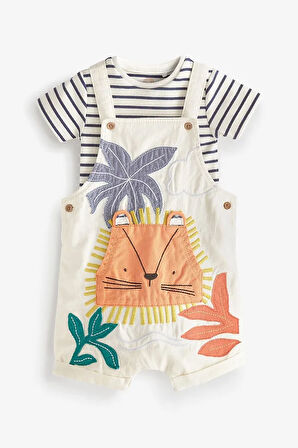 % 100 Pamuklu Krem Aslan Desenli Salopet Body Zıbın Set