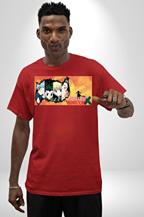 Hunter X Hunter Anime  Pamuklu Bisiklet Yaka Kadın Erkek Oversize Boyfriend Dijital Baskılı Kırmızı T-shirt