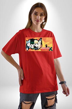 Hunter X Hunter Anime  Pamuklu Bisiklet Yaka Kadın Erkek Oversize Boyfriend Dijital Baskılı Kırmızı T-shirt
